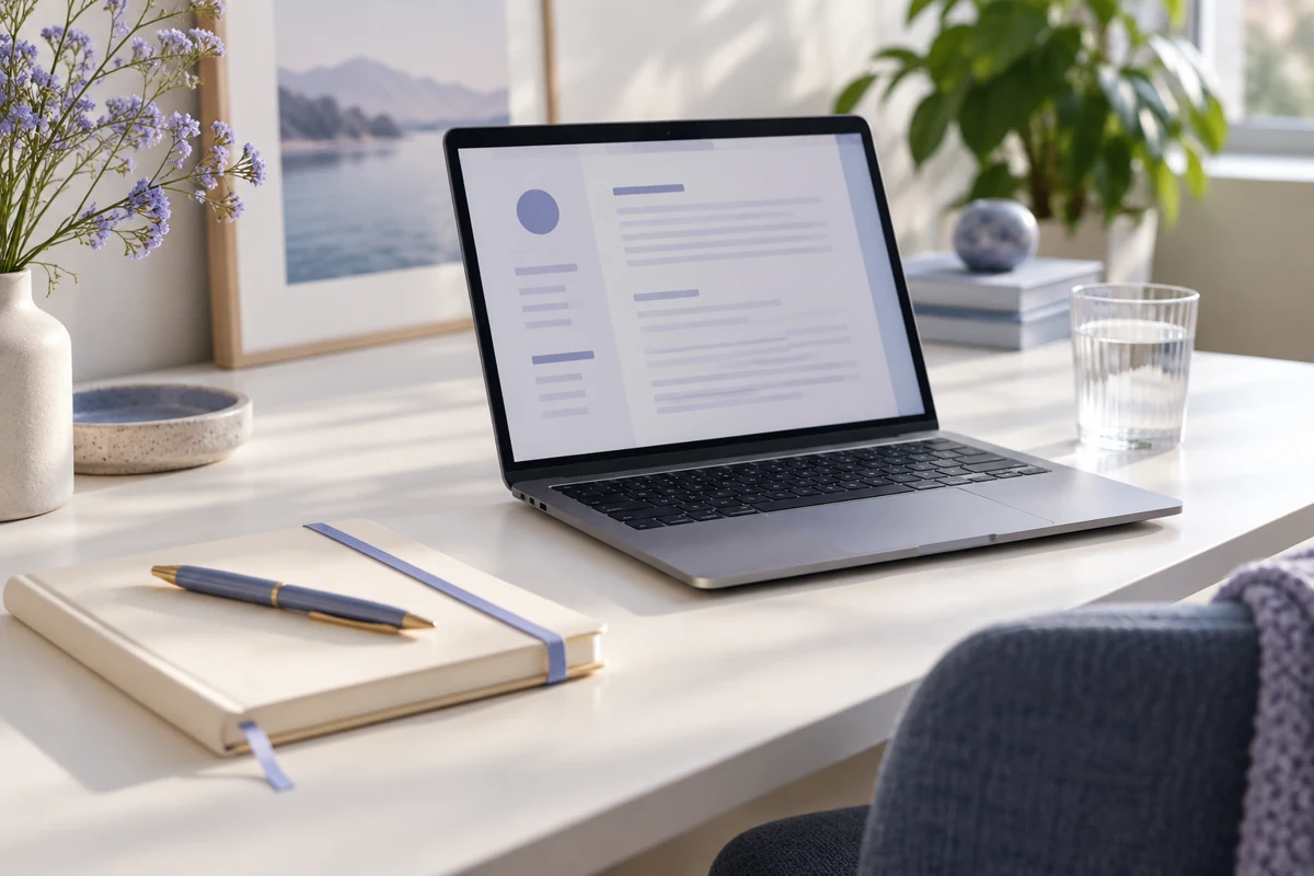 Illustrative workspace with a laptop, notebook and pen in soft daylight